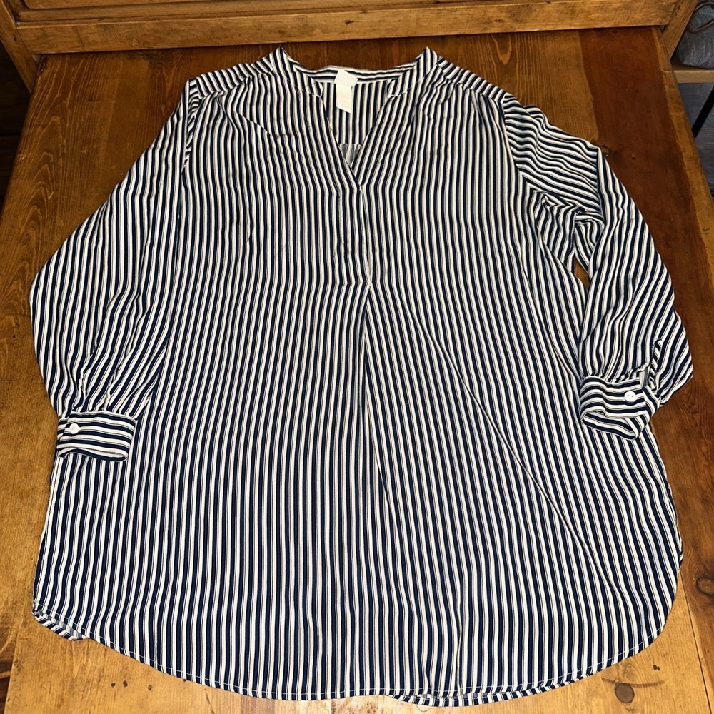 H&M‎ Blue White Striped Blousy Tunic Long Womens Top Size 10